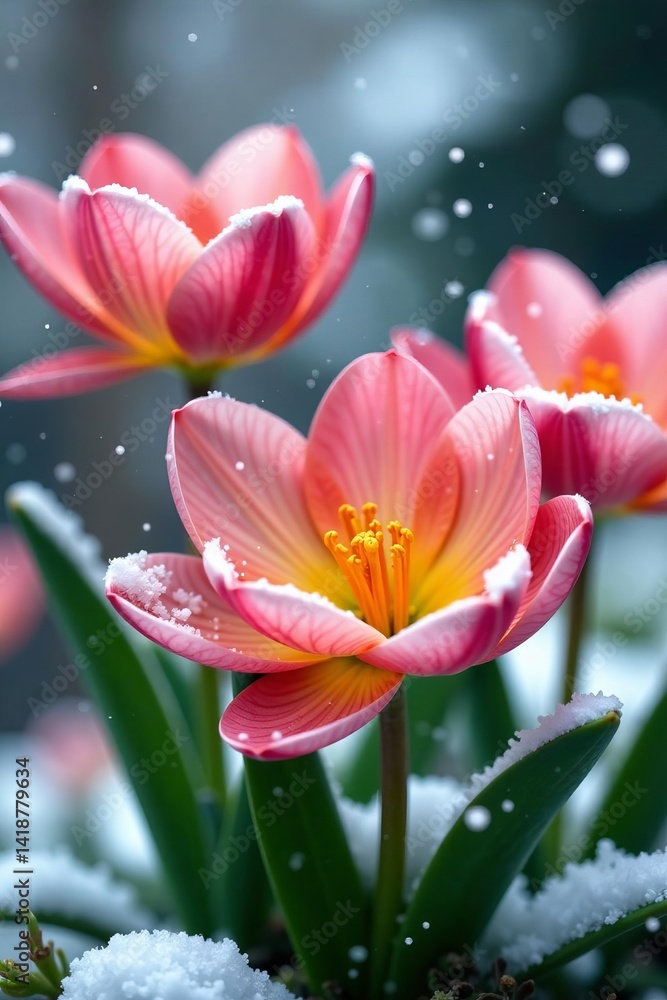 Close-up of vibrant flowers blooming in snow-covered garden, white, plants, nature Close-up of vibrant flowers blooming in snow-covered garden, white, plants, nature