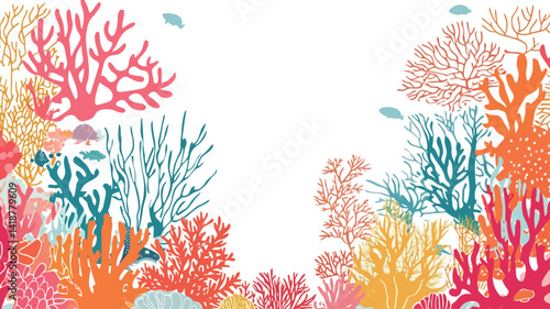 A digital illustration shows a vibrant coral reef in a flat, stylized way. The corals in the image are of various shapes and shades of red, orange, and yellow.