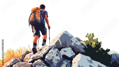 A stylized vector illustration of a male hiker standing on a rocky mountain peak from behind. The hiker is carrying a large orange backpack and trekking poles. The style is.