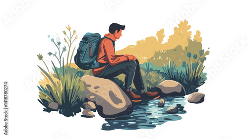A digital illustration of a young man with a backpack sitting on a rock by a creek. The painting is stylized with clearly visible brushstrokes and slightly muted earthy tones.