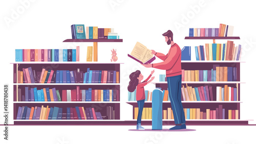 This illustration shows a vibrant flat-style vector image of a father and daughter in a bookstore. The color scheme is warm and cheerful, with saturated colors being the main theme.