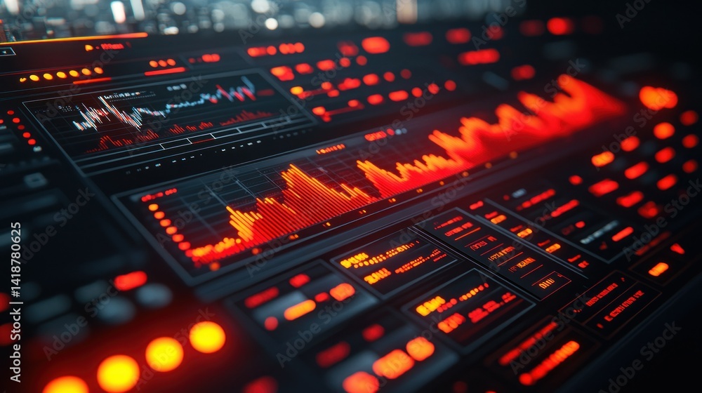 Fototapeta premium Complex financial data dashboard. Displays various graphs, charts, and indicators, all in a high-tech, dark interface with prominent red highlights. Visualizes market trends and performance metrics