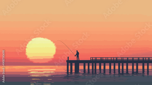 digital illustration depicts a minimalist scene: a lone fisherman silhouetted against a majestic and colorful sunset. The color scheme is dominated by warm oranges, yellows and reds, creating a.