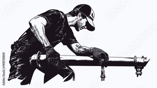A high-contrast black and white vector illustration of a craftsman meticulously crafting a long, thin object. The figure is rendered in a stylized, almost graphic novel-like manner.