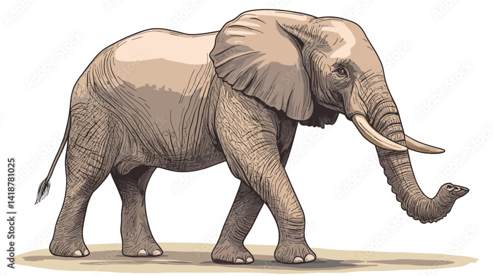 Obraz premium This painting features a detailed and realistic illustration of an African elephant in soft beige and light brown tones. The illustration uses precise line work and shading.