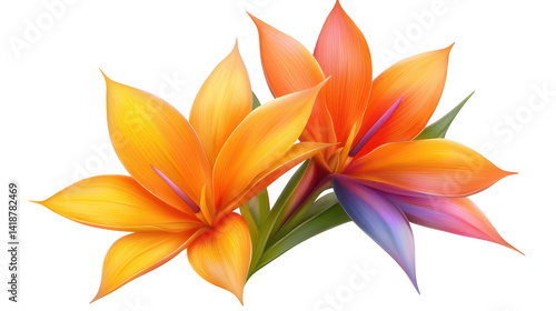 Two vibrant orange flowers in dramatic bloom against a black background