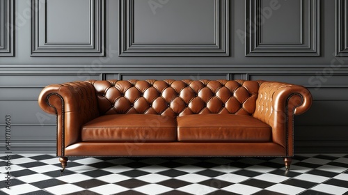 Luxurious brown leather chesterfield sofa against an ornate dark gray wall