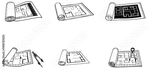 Architect roll and architectural plan hand drawn line art silhouette vector set design