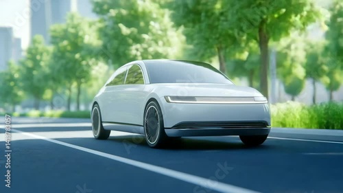 Modern Electric Vehicle on Road: A sleek, modern electric vehicle glides silently along a tree-lined city road, embodying innovation and sustainability in transportation.