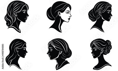 Beautiful women head side view silhouette black vector art design set 