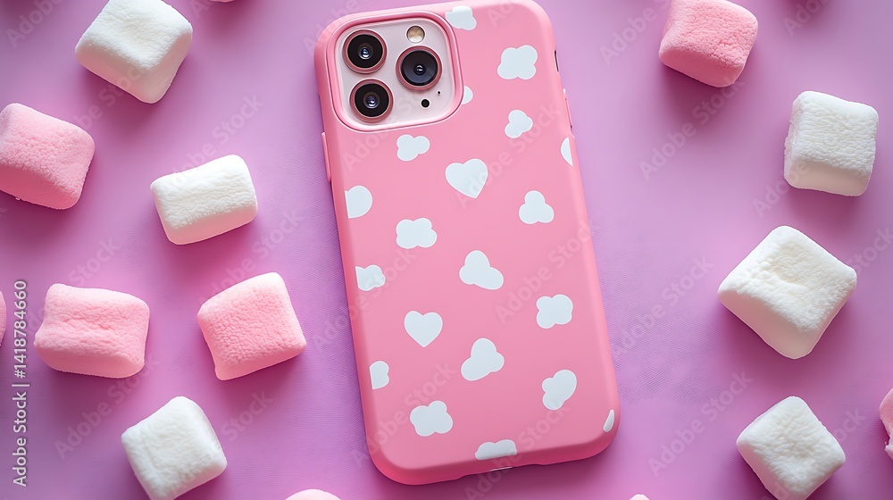 A pink phone case with cute, kawaii patterns, small marshmallows, and white clouds, A pink phone case with cute, kawaii patterns, small marshmallows, and white clouds,