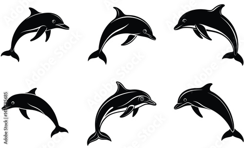 Dolphin sea animal silhouette black vector art design set