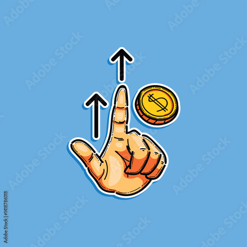 Colorful illustration featuring a hand gesturing upwards, a dollar coin, and growth arrows. Symbolizing financial growth, success, achievement, and prosperity, set against a bright blue background.