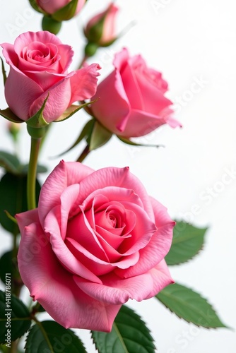 Close-up of vibrant pink roses with green leaves on white background, flowers, botanical, floral