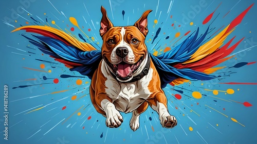 Superhero Dog Flying with Cape Colorful Background