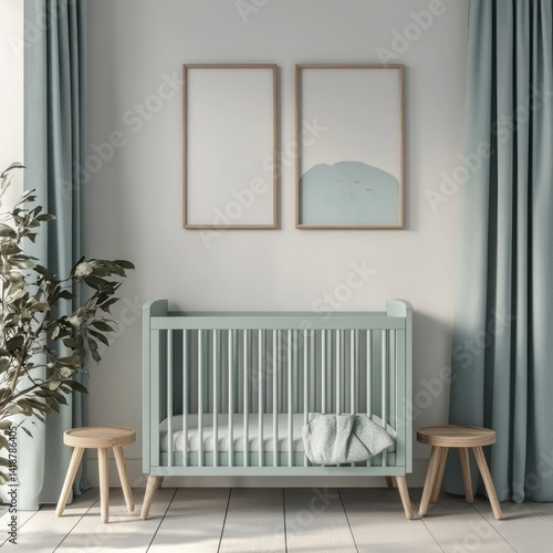 Child bedroom interior showcasing a crib with framed artwork