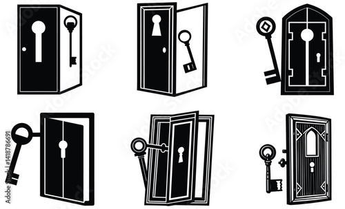 Key unlocking a door silhouette black vector art set design