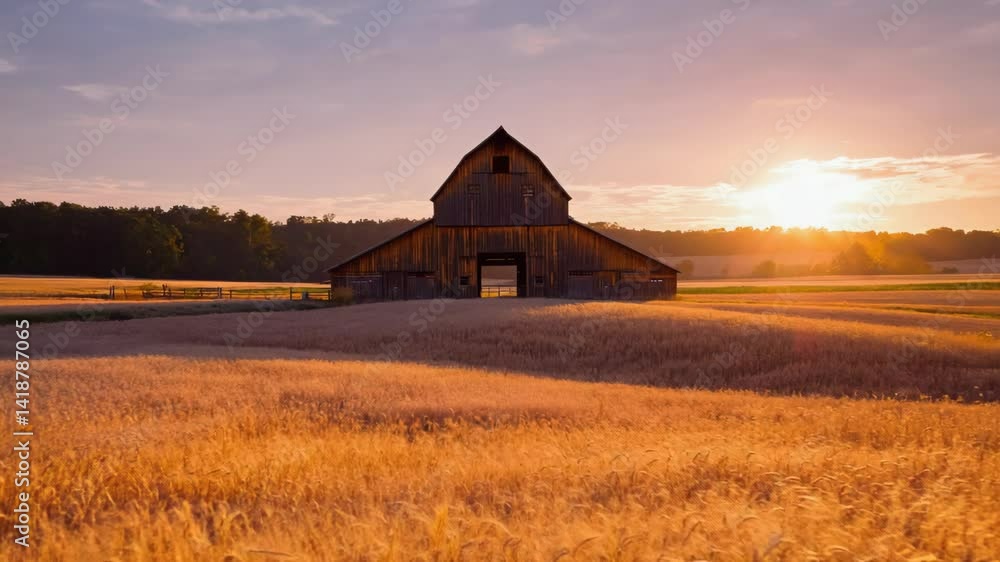 Rustic wooden barn standing amidst golden wheat field under a vibrant, colorful sunset sky, showcasing agricultural landscape and peaceful rural scenery Rustic wooden barn standing amidst golden wheat field under a vibrant, colorful sunset sky, showcasing agricultural landscape and peaceful rural scenery