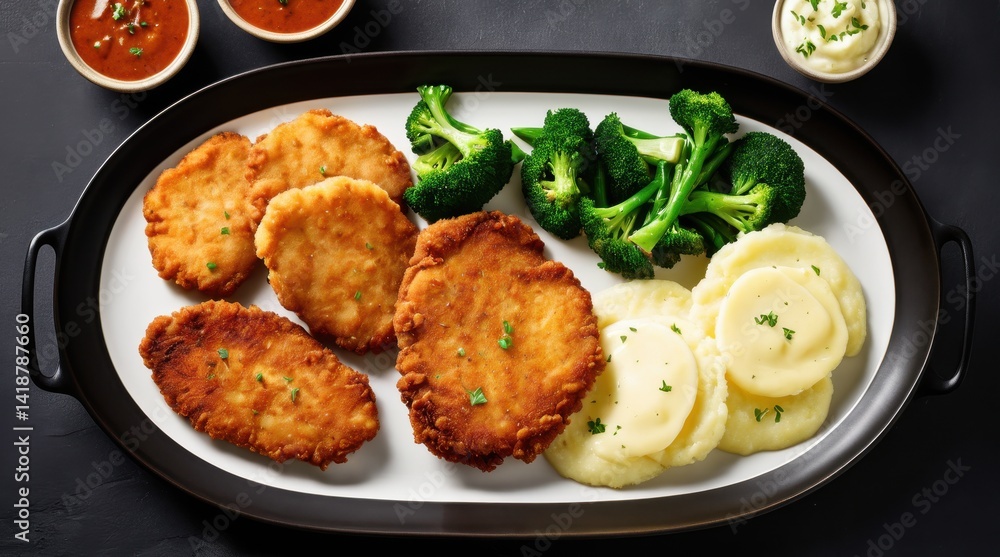 A delicious meal display featuring crispy breaded cutlets, creamy mashed potatoes, vibrant broccoli, carrots, and fresh tomatoes on a dark wooden table A delicious meal display featuring crispy breaded cutlets, creamy mashed potatoes, vibrant broccoli, carrots, and fresh tomatoes on a dark wooden table