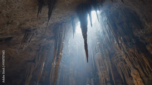 Sunlight streams into a deep cavern illuminating limestone stalactites and stalagmites in an underground cave system creating an ethereal scene.
