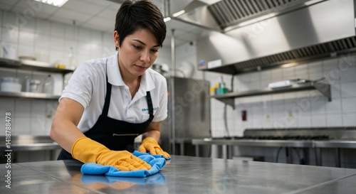 Woman cleaning kitchen countertop with focus in modern kitchen  
