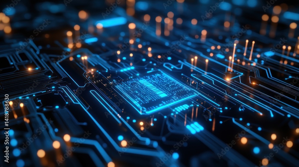 Abstract Circuit Board:  Digital Technology,  Futuristic Electronics,  Glowing Network
