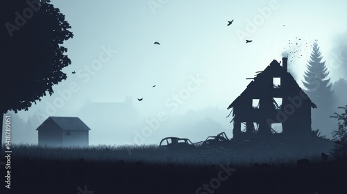 Abandoned house in misty field. Birds fly over dilapidated building, nature reclaiming damaged property