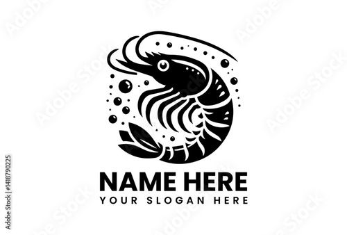 Shrimp logo: A striking black and white logo design featuring a shrimp in a circular frame, perfect for seafood businesses, restaurants, or culinary brands. A symbol of freshness, quality.