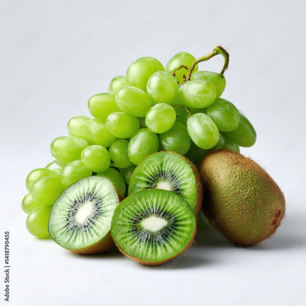 Fototapeta premium A bunch of green grapes and several kiwi fruits on a plain white surface view