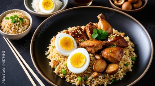 A delicious plate of glazed chicken drumsticks, fragrant fried rice, and sliced boiled eggs garnished with fresh herbs on a wooden table
