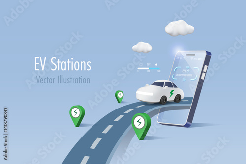 EV car on smartphone with charging stations. Electric vehicle car with charging stations service on road. Alternative green energy for sustainable environment. 3D vector.
