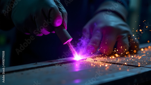 Plasma cutter gloves sever armor plate under violet glow. Textures: oxidized edges, melted stitching. Sedimentary heat zones tell the story.