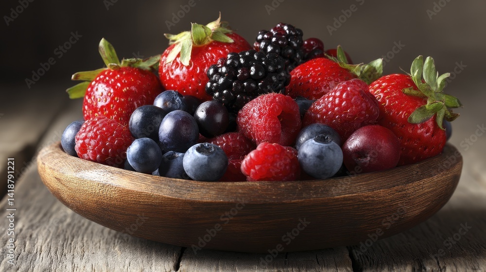 A vibrant mix of strawberries, blueberries, raspberries and blackberries, piled high in a rustic wooden bowl - rustic close blackberry raspberry sweet A vibrant mix of strawberries, blueberries, raspberries and blackberries, piled high in a rustic wooden bowl - rustic close blackberry raspberry sweet