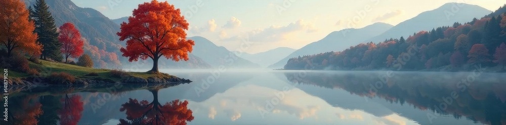 Obraz premium Lonely tree reflected in still lake water, vibrant autumn colors, water, clouds, colors