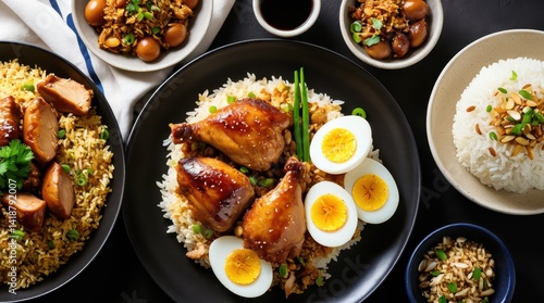 A delicious plate of glazed chicken drumsticks, fragrant fried rice, and sliced boiled eggs garnished with fresh herbs on a wooden table