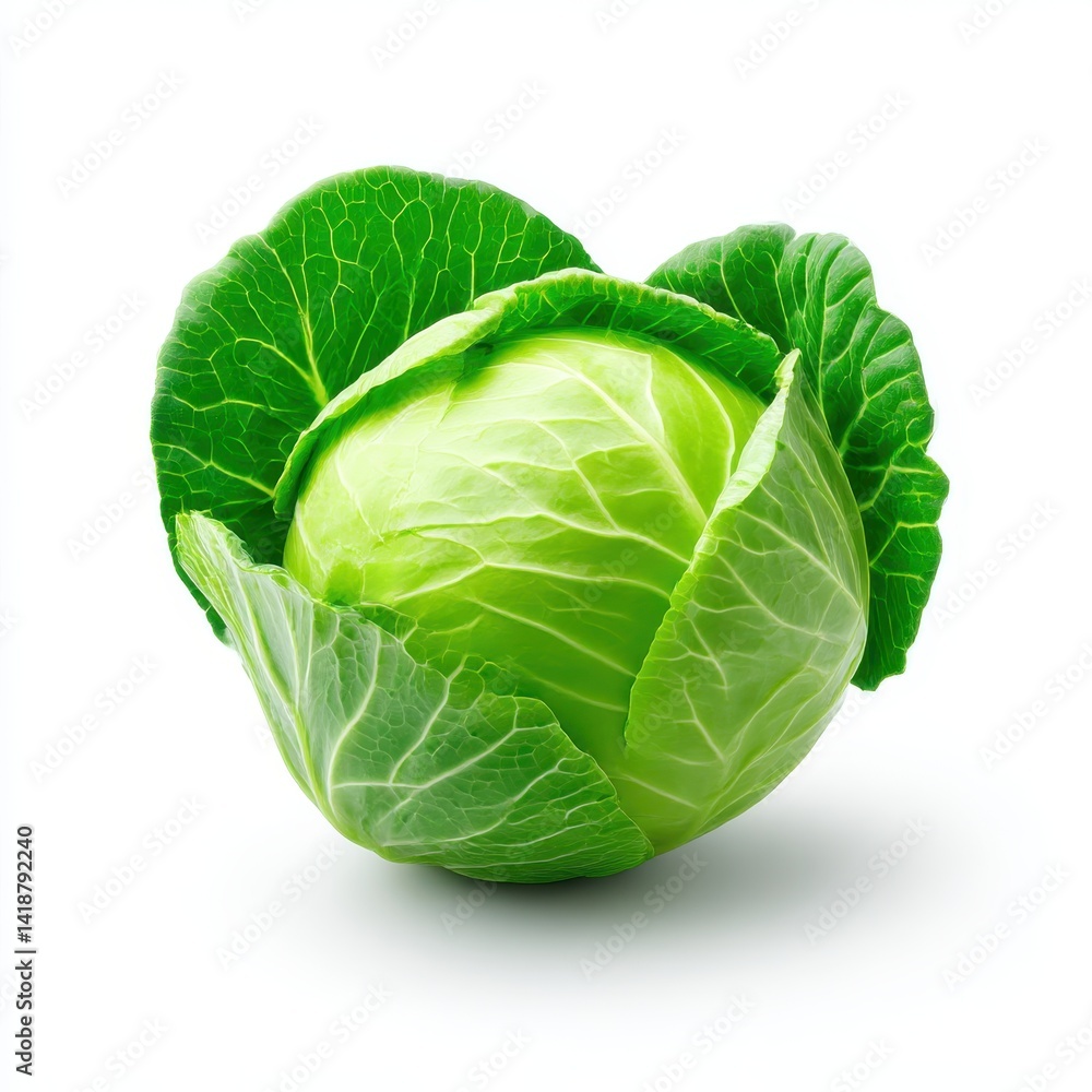 Fototapeta premium Close up of a fresh green cabbage with leaves isolated against a white space