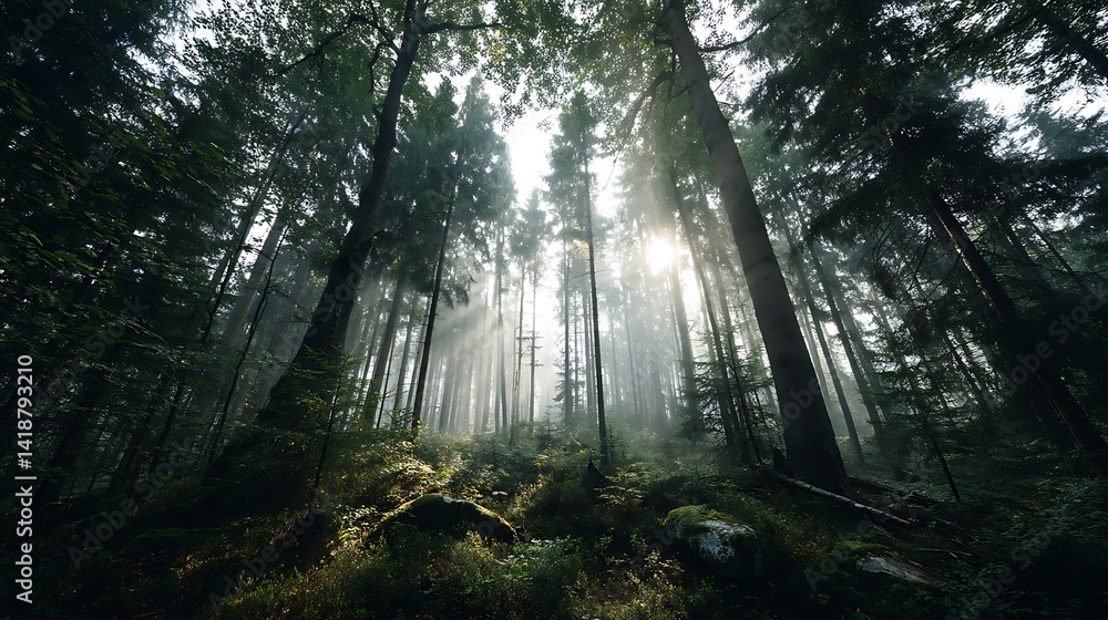 Fototapeta premium Sunlight piercing misty forest canopy