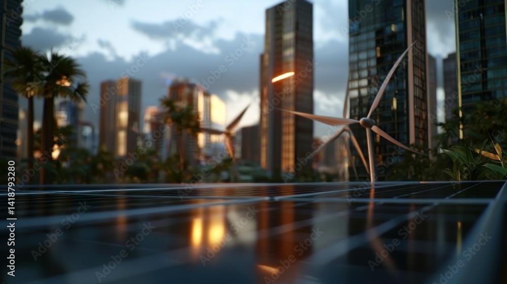 Naklejka premium Solar panels on rooftop, futuristic city, wind turbines, sunset
