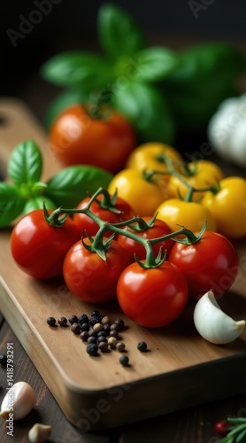 Fresh vine-ripened red and yellow cherry tomatoes with basil leaves on a wooden cutting board, surrounded by peppercorns and herbs