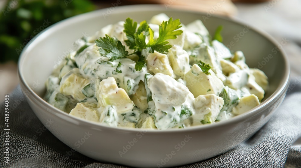 Creamy avocado salad with fresh parsley served in a rustic ceramic bowl Creamy avocado salad with fresh parsley served in a rustic ceramic bowl