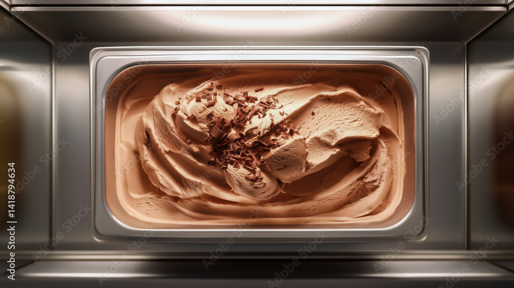 Top-down view of a chocolate ice cream tub inside a gelato display freezer.