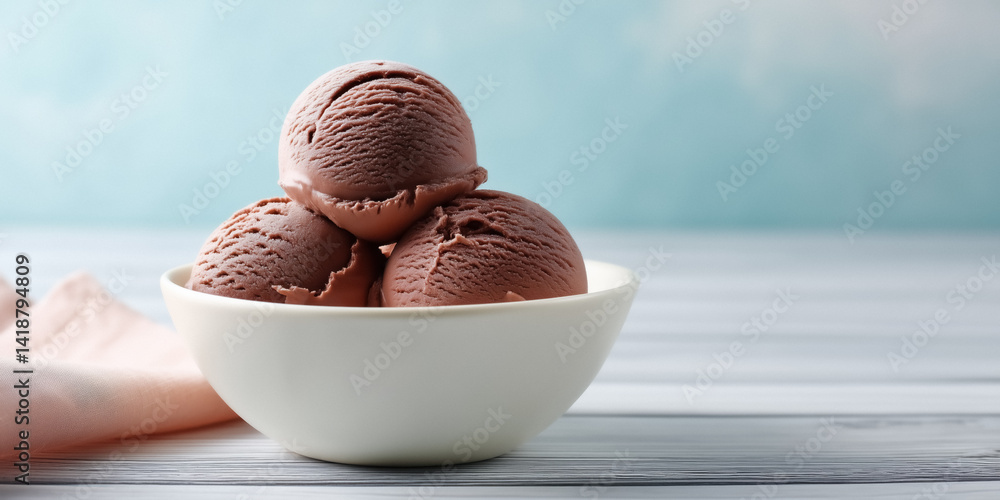 Three scoops of chocolate ice cream in a white bowl on a wooden table with a light blue background.
