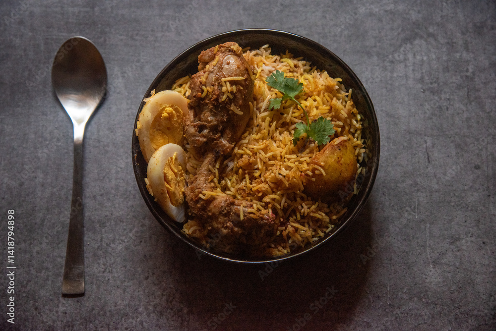 Mughal cuisine Biryani served in a bowl on a background. Top view, selective focus.