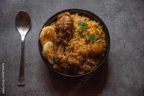 Obraz na płótnie Mughal cuisine Biryani served in a bowl on a background. Top view, selective focus. w salonie