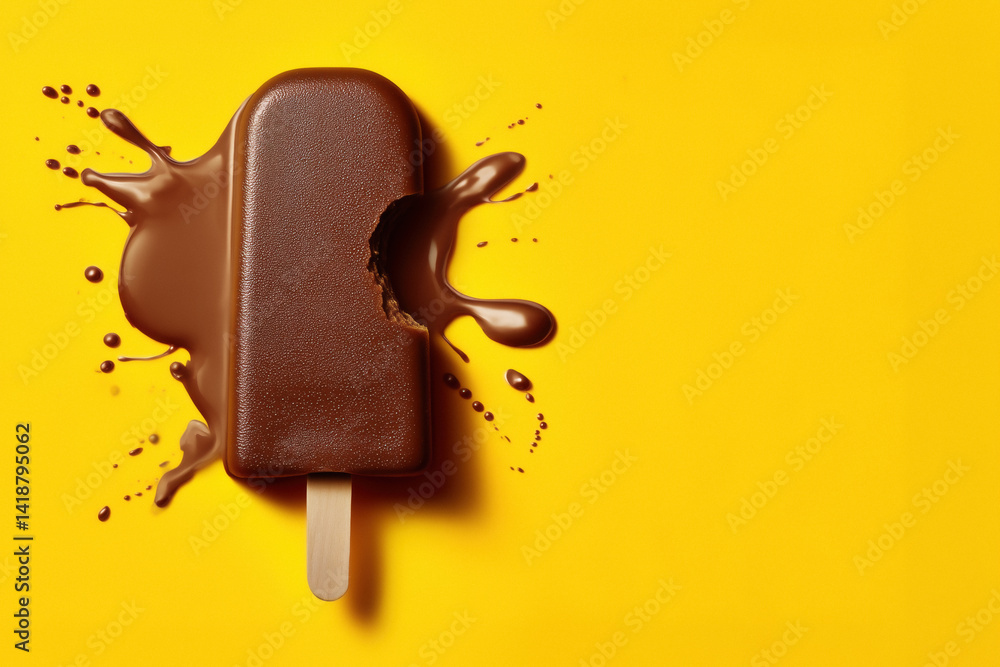 Partially eaten chocolate popsicle melting on a yellow surface.