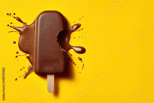 Obraz na płótnie Partially eaten chocolate popsicle melting on a yellow surface. w salonie