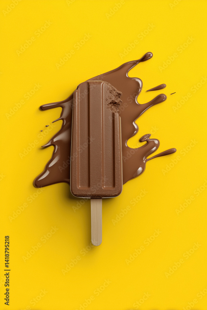 Partially eaten chocolate popsicle melting on a yellow surface.