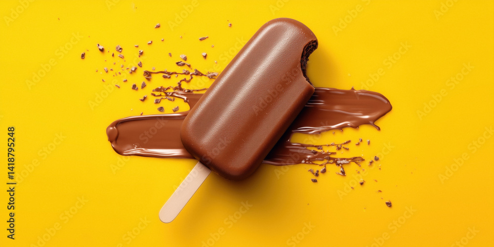Partially eaten chocolate popsicle melting on a yellow surface.