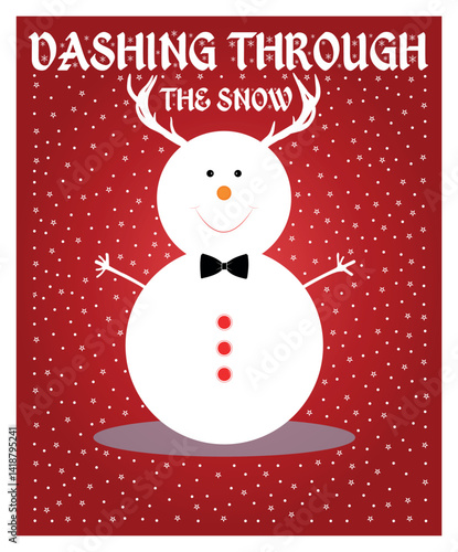 Dashing through the snow, vector smiling merry christmas snowmen design, with bow tie, horn, on a star pattern background