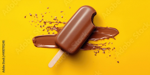 Obraz na płótnie Partially eaten chocolate popsicle melting on a yellow surface. w salonie